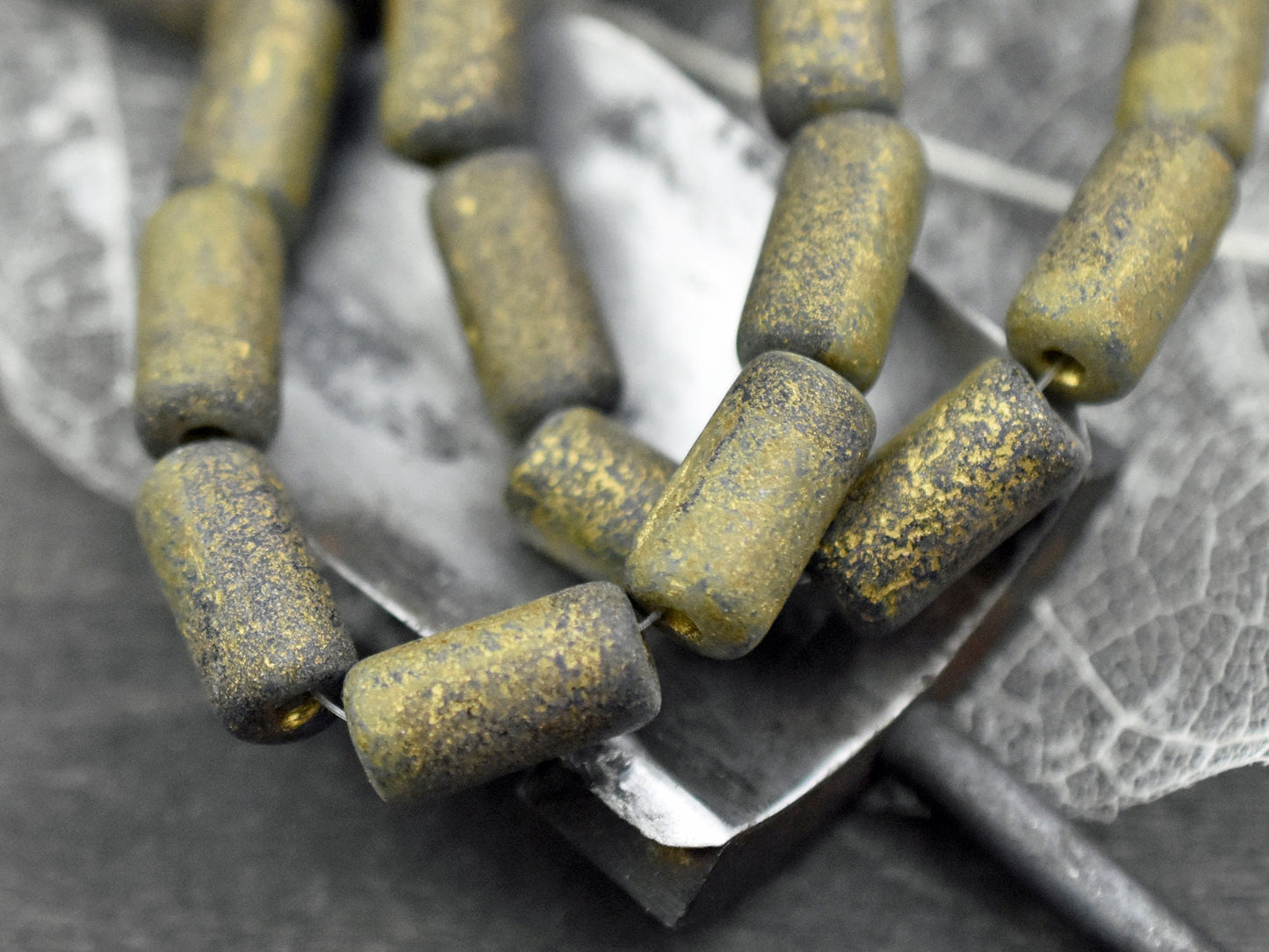 Etched Beads - Tube Beads - Czech Glass Beads - Blue Beads - Large Hole Beads - Picasso Beads - 14x7mm - 10pcs (787)