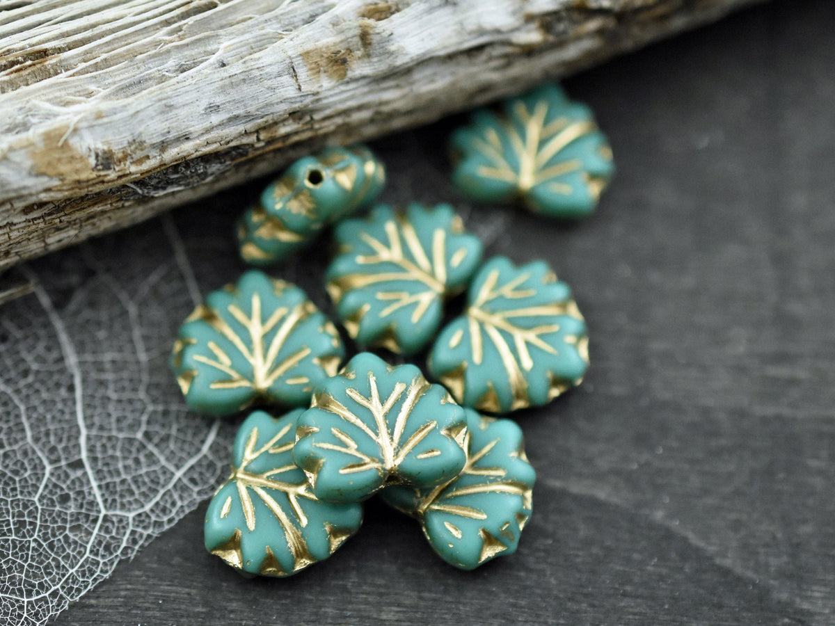 12 beads - Matte Green with Gold Czech Glass Maple Leaf Beads