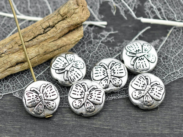 *10* 12mm Antique Silver Butterfly Disc Beads