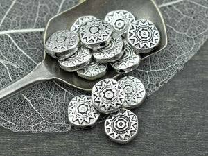 Metal Beads - Aztec Sun - Sun Beads - Silver Beads - Antique Silver - Silver Spacer Beads - Silver Spacers - 10mm or 13mm