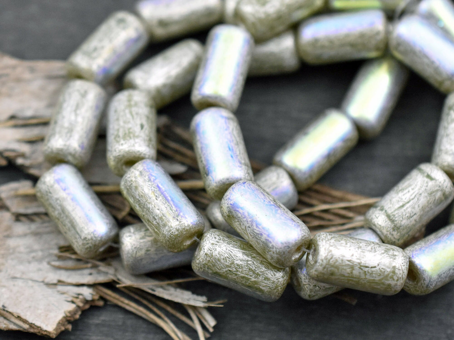 Czech Glass Beads - Etched Beads - Tube Beads - Large Hole Beads - Picasso Beads - 14x7mm - 10pcs (569)