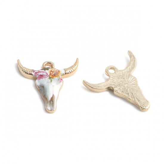 Cow Charms - Floral Charms - Metal Charms - Bohemian Charms - Enamel Charms - Tau Cow - 5pcs - 22x21mm - (3621)