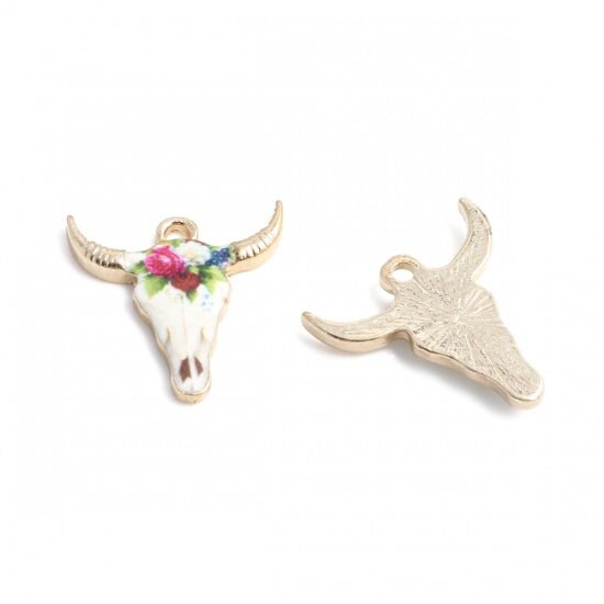 Metal Charms - Bohemian Charms - Cow Charms - Floral Charms - Enamel Charms - Tau Cow - 5pcs - 22x21mm - (5869)