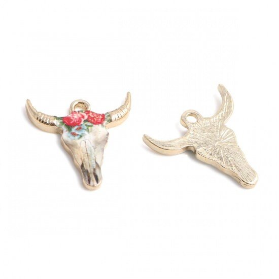 Cow Charms - Floral Charms - Metal Charms - Bohemian Charms - Enamel Charms - Tau Cow - 5pcs - 22x21mm - (5116)