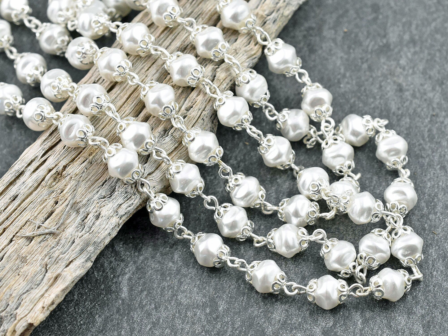 Pearl Chain - Rosary Chain - Beaded Chain - DIY Wedding - Wedding Jewelry - 6mm Beads - Czech Glass Beads - Sold by the foot - (CH14-A)