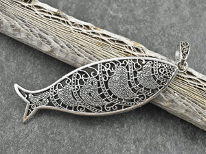 Fishing Pendant - Metal Pendants - Bohemian Pendant - Fish Pendant - Silver Pendant - 84x27mm - (B16)
