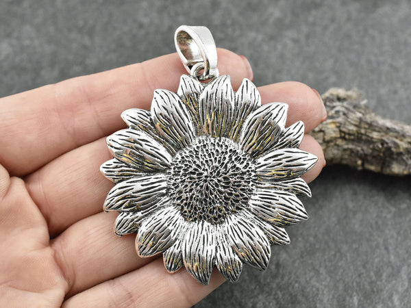 Sunflower Pendant - Silver Pendants - Metal Pendant - Flower Pendants - 1pc - 70x57mm - (A116)