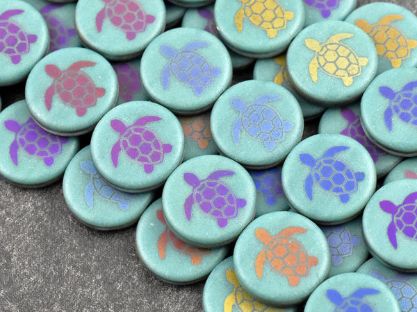 Turtle Beads - Czech Glass Beads - Laser Etched Beads - Sealife Beads - Laser Tattoo Beads - 14mm - 8pcs - (5110)