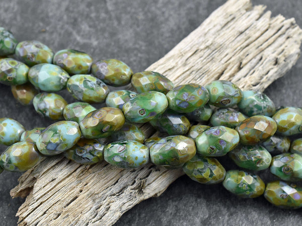 Picasso Beads - Czech Glass Beads - Faceted Beads - Fire Polished Beads - Oval Beads - 12x8mm - 15pcs - B633)