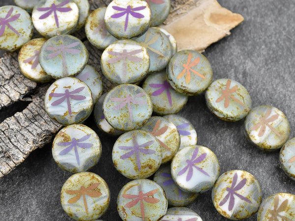 Picasso Beads - Czech Glass Beads - Laser Etched Beads - Dragonfly Beads - Tattoo Beads - 14mm - 8pcs - (1362)