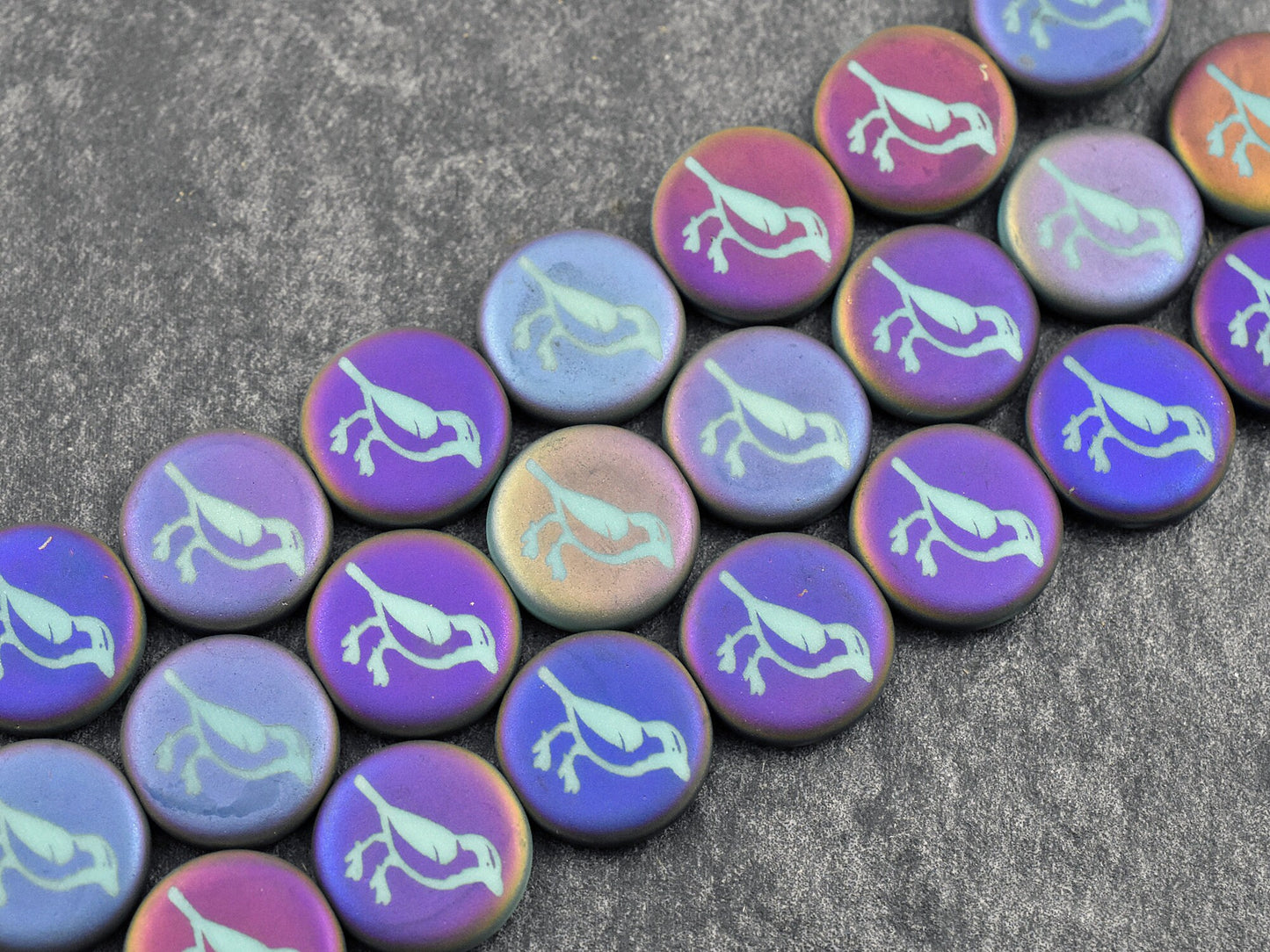 Bird Beads - Czech Glass Beads - Laser Etched Beads - Tattoo Beads - 14mm - 8pcs - (4786)