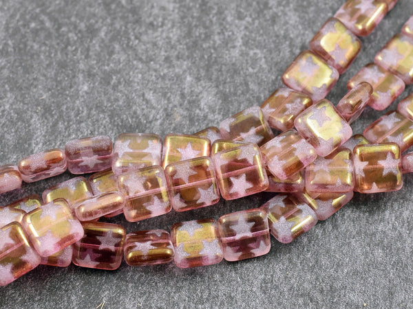 Czech Glass Beads - Star Beads - Fourth of July Beads - Square Beads - Vintage Czech Beads - 10mm - 8 inch strand - (B537)
