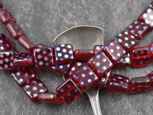 Czech Glass Beads - Red Beads - Fourth of July Beads - Square Beads - Vintage Czech Beads - 10mm - 8 inch strand - (4942)
