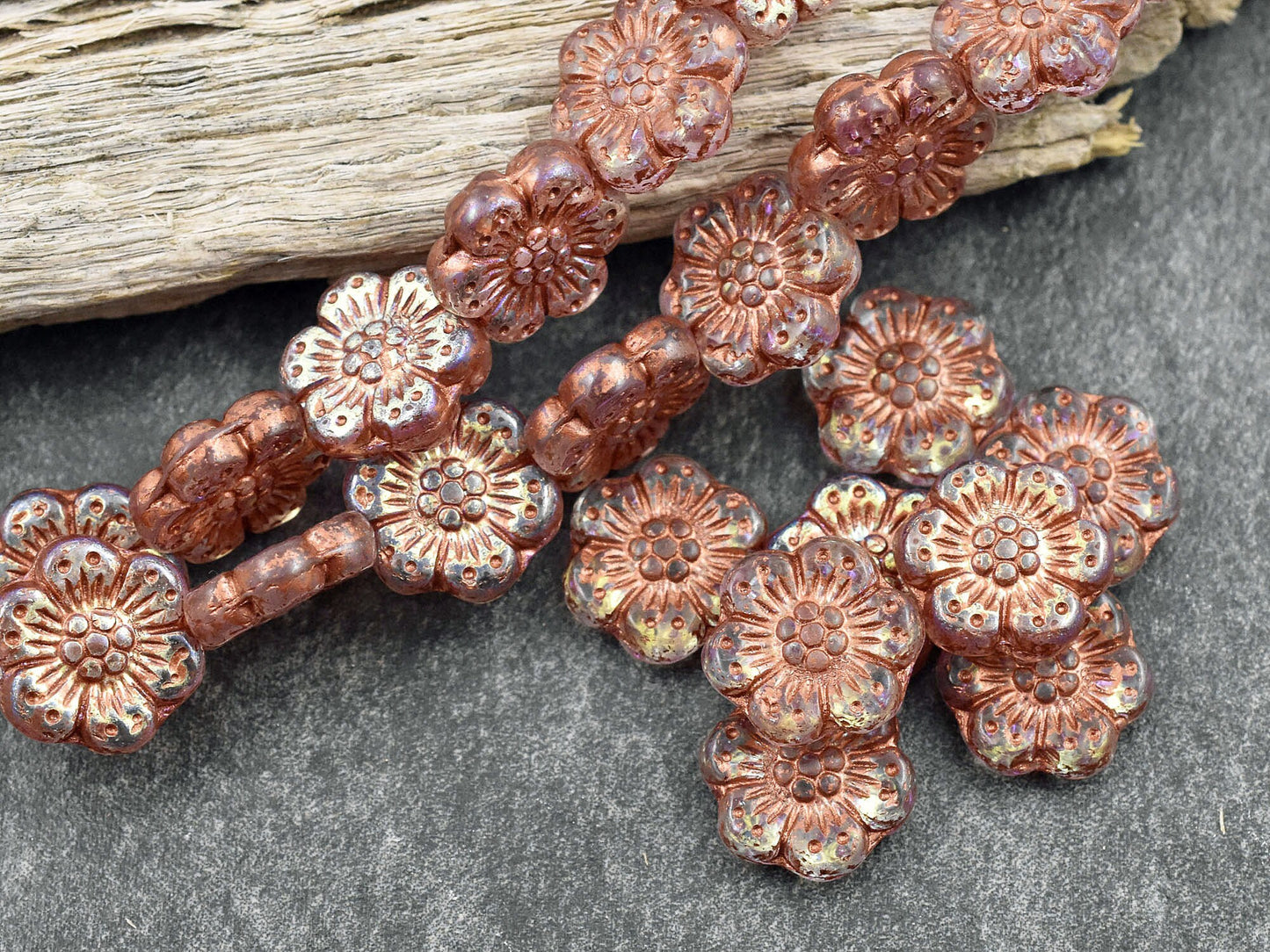 Czech Glass Beads - Wild Flower Beads - Flower Beads - Picasso Beads - Wild Rose Beads - 14mm - 9pcs - (1967)