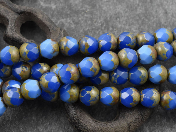 Czech Picasso Beads - Central Cut Beads - Czech Glass Beads - Round Beads - Blue Beads - 19pcs - 8mm - (2342)