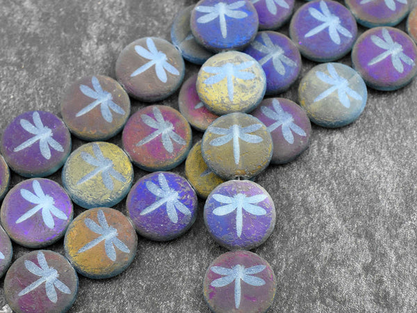 Czech Glass Beads - Laser Etched Beads - Dragonfly Beads - Tattoo Beads - 16mm - 8pcs - (4168)