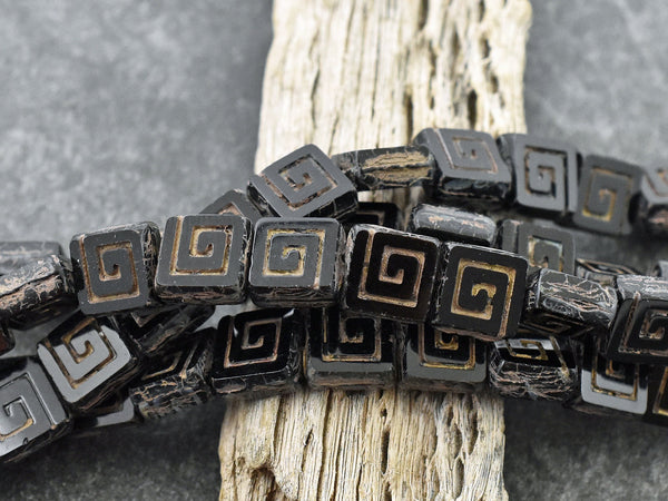 Greek Key Beads - Czech Glass Beads - Picasso Beads - Tile Beads - Square Beads - 9mm - 12pcs - (5798)
