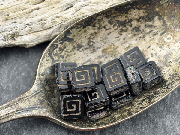 Greek Key Beads - Czech Glass Beads - Picasso Beads - Tile Beads - Square Beads - 9mm - 12pcs - (5798)