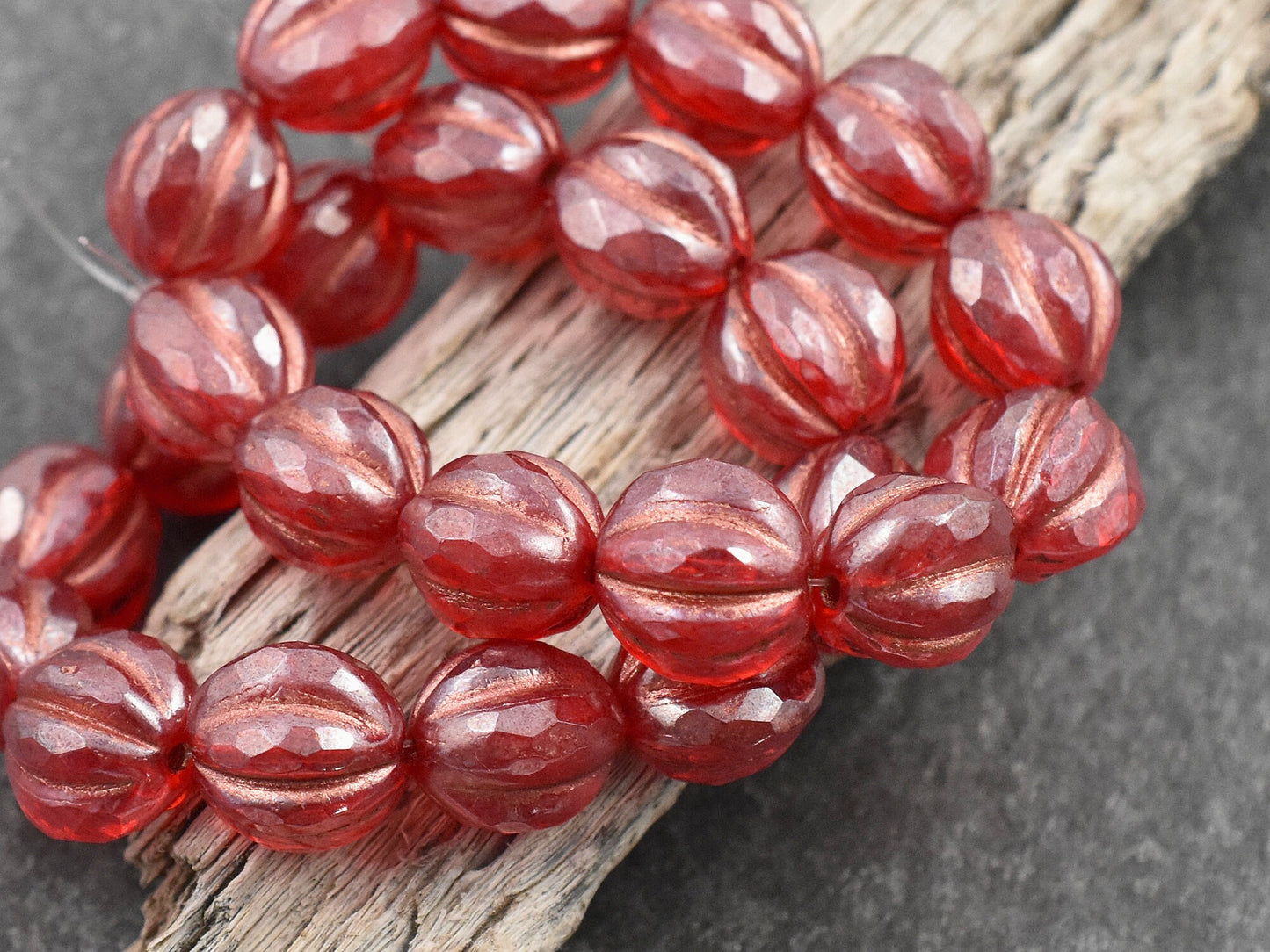 Czech Glass Beads - 10mm Beads - Faceted Melon - Red Beads - Round Beads - 10mm - 12pcs (2126)