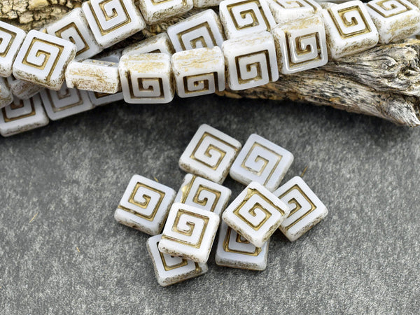 Czech Glass Beads - Greek Key Beads - Picasso Beads - Tile Beads - Square Beads - 9mm - 12pcs - (1011)