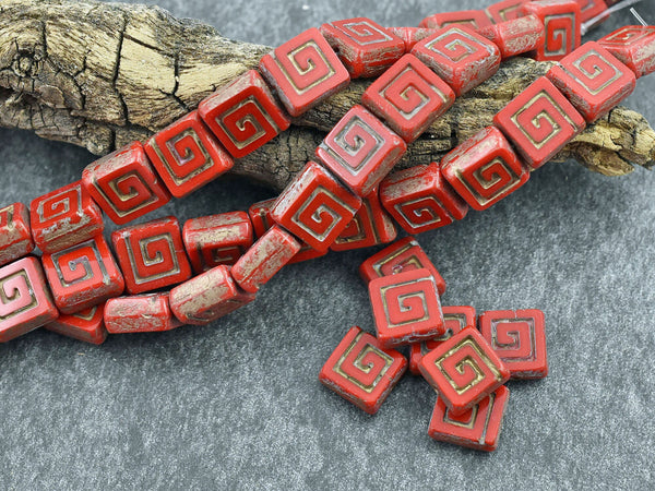 Czech Glass Beads - Greek Key Beads - Picasso Beads - Tile Beads - Square Beads - 9mm - 12pcs - (2132)