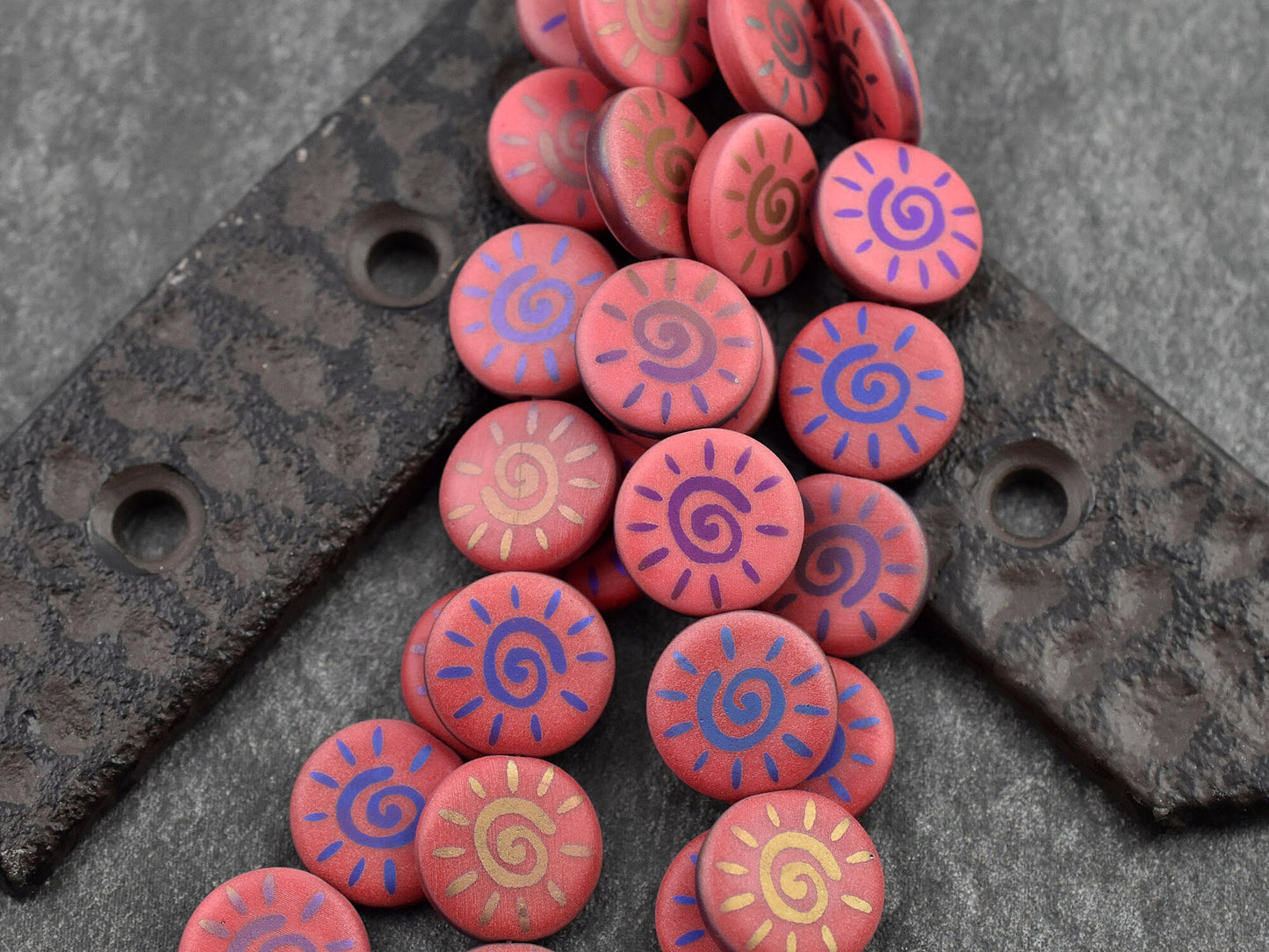 Sun Beads - Czech Glass Beads - Laser Etched Beads - Coin Beads - 14mm - 8pcs - (5973)