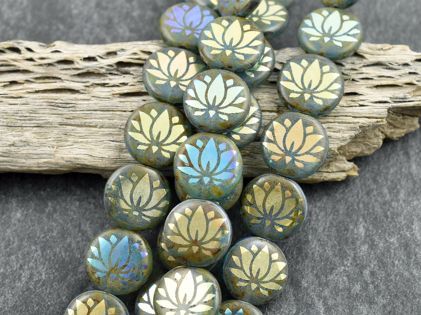Czech Glass Beads - Lotus Flower Beads - Laser Etched Beads - Coin Beads - 13mm - 8pcs - (5084)