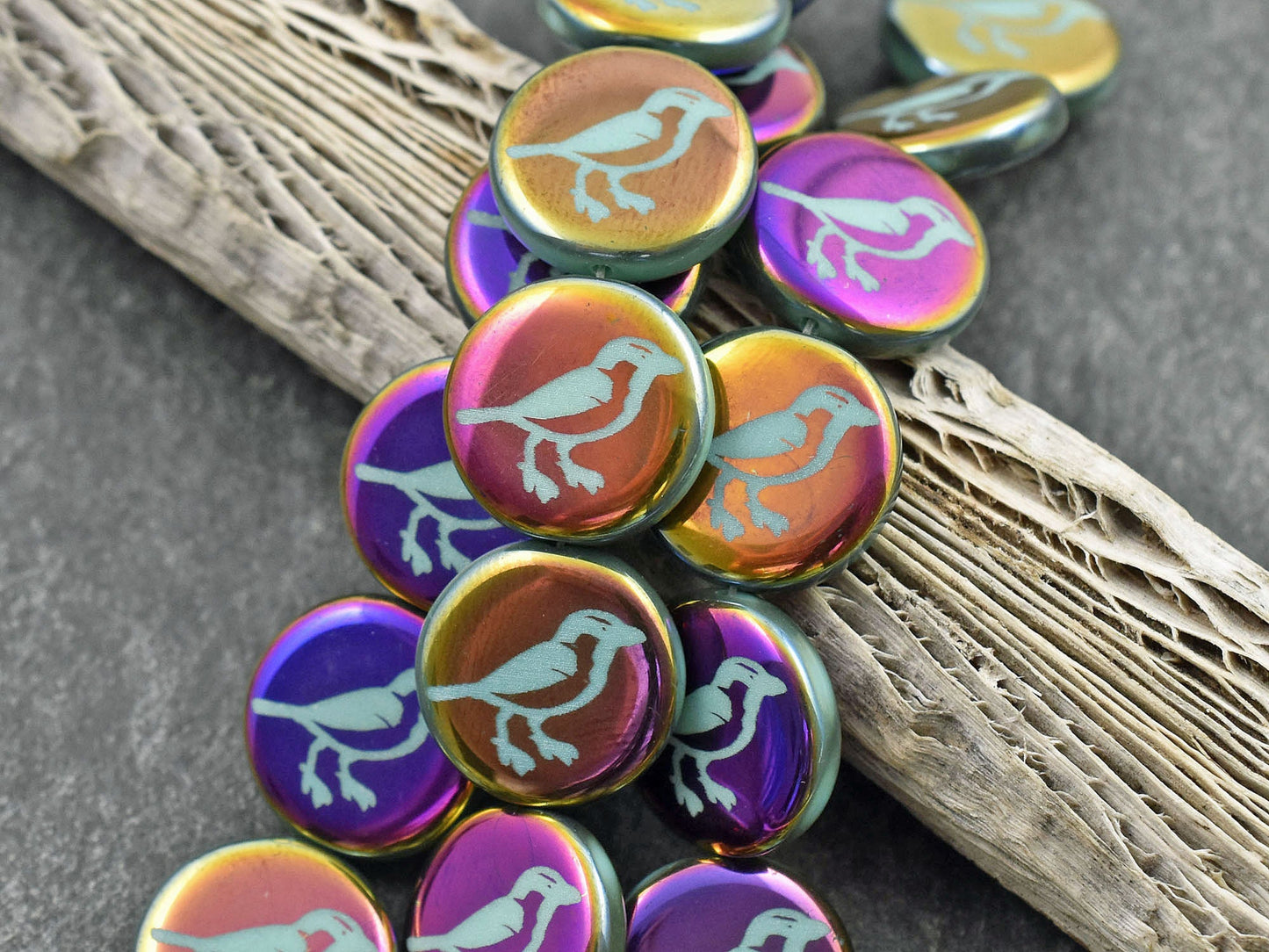 Czech Glass Beads - Bird Beads - Laser Etched Beads - Coin Beads - 16mm - 8pcs - (548)