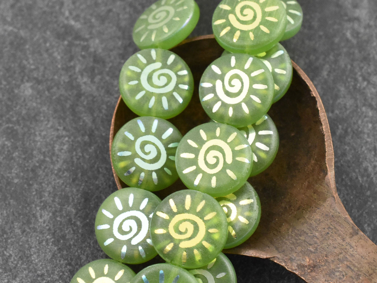 Czech Glass Beads - Sun Beads - Laser Etched Beads - Coin Beads - 14mm - 8pcs - (A526)