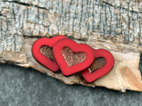 Red Heart Beads - Czech Glass Beads - Valentines Beads - Picasso Beads - 14x12mm - 4pcs - (A17)