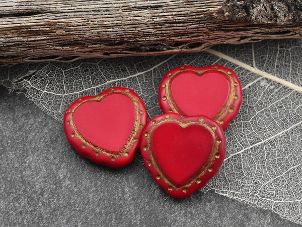 Red Heart Beads - Czech Glass Beads - Valentines Beads - Picasso Beads - 18mm - 4pcs - (1799)