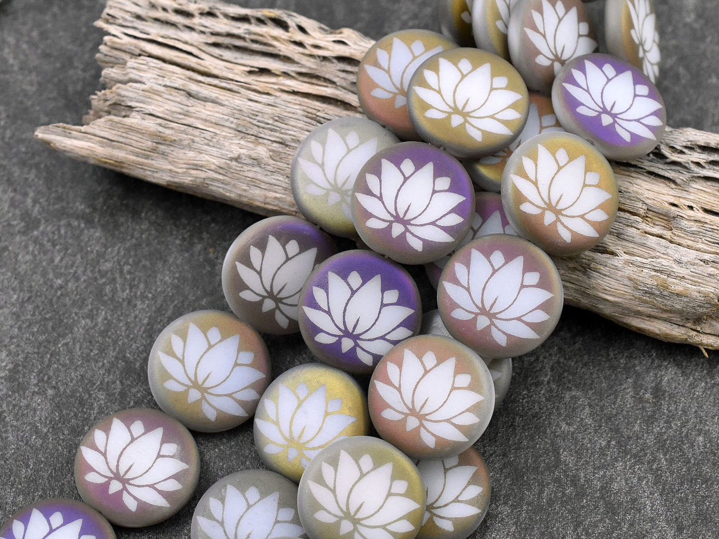 Czech Glass Beads - Lotus Flower Beads - Laser Etched Beads - Laser Tattoo Beads - 16mm - 8pcs - (A607)