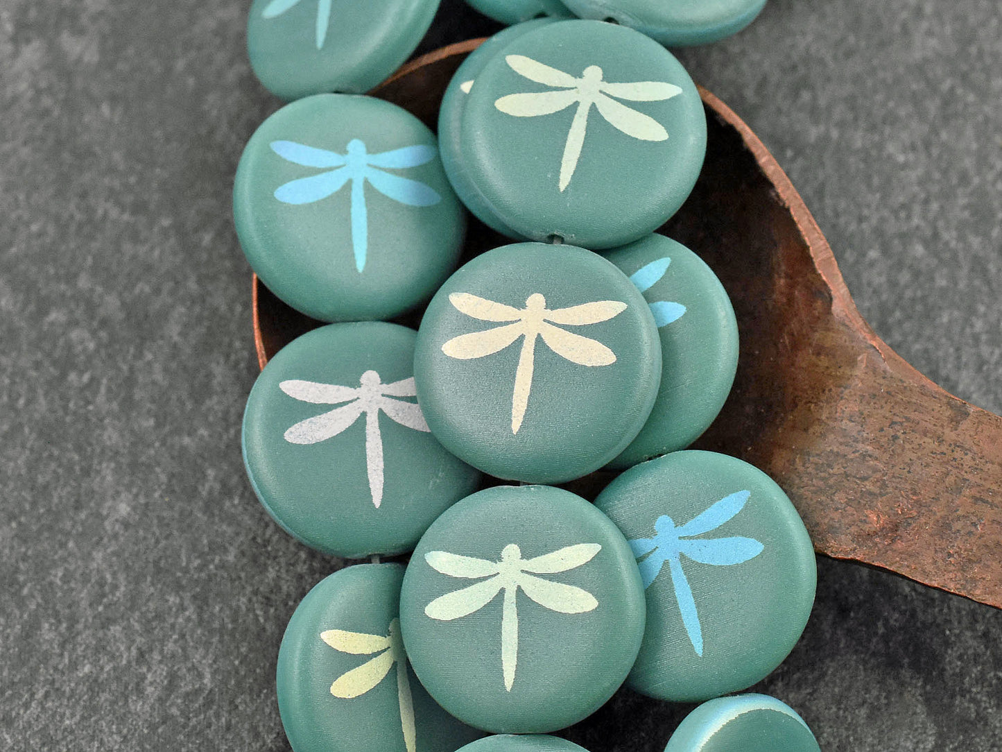 Czech Glass Beads - Dragonfly Beads - Animal Beads - Focal Beads - Laser Etched Beads - Coin Beads - 17mm - 8pcs - (A657)