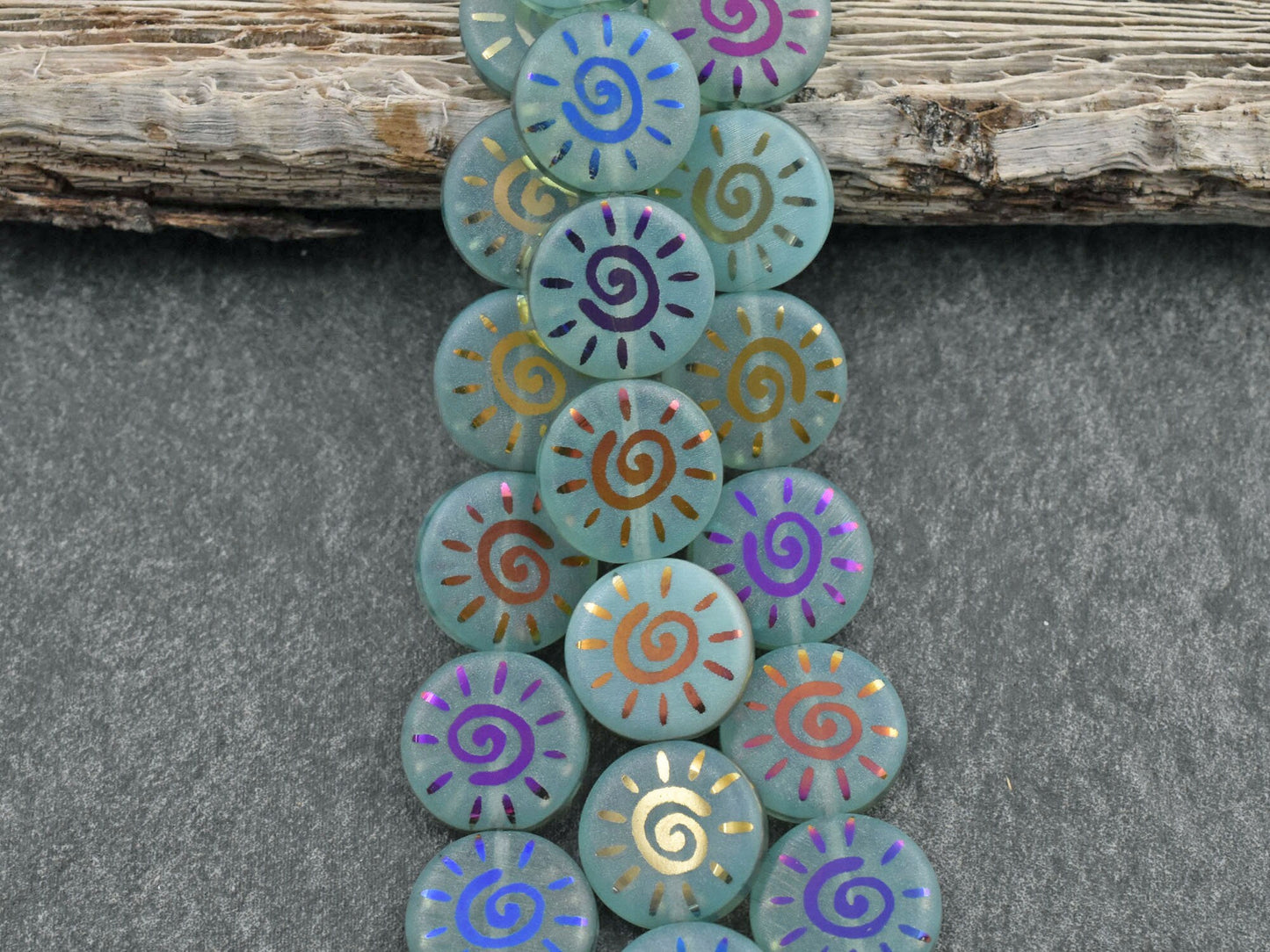 Czech Glass Beads - Laser Etched Beads - Sun Beads - Tattoo Beads - 14mm - 8pcs - (A100)