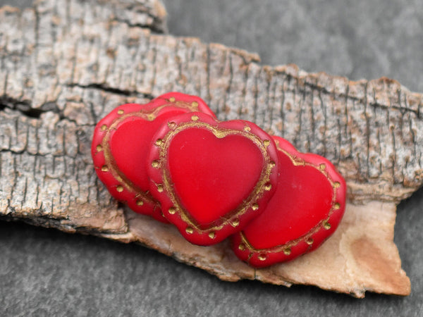 Red Heart Beads - Czech Glass Beads - Valentines Beads - Picasso Beads - 18mm - 4pcs - (1799)