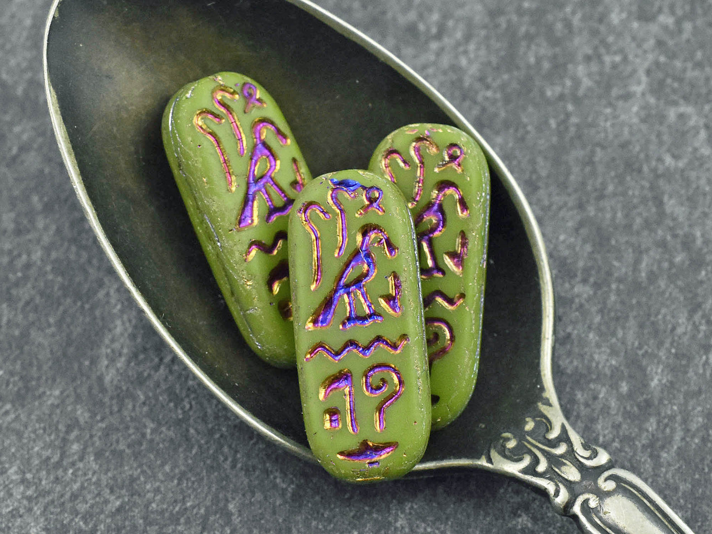 Czech Glass Beads - Egyptian Cartouches - Oval Beads - 25x10mm - 6pcs - (a378)