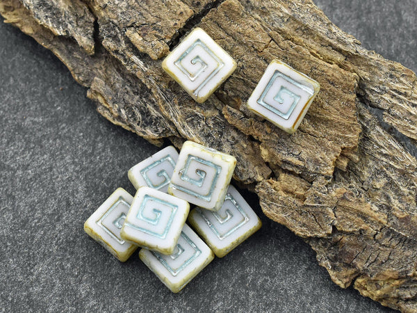 Czech Glass Beads - Greek Key Beads - Picasso Beads - Tile Beads - Square Beads - 9mm - 12pcs - (5101)