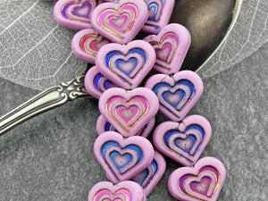 Heart Beads - Czech Glass Beads - Pink Heart Bead - Picasso Beads - 14x16mm - 6pcs - (6125)