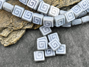 Czech Glass Beads - Greek Key Beads - Picasso Beads - Tile Beads - Square Beads - 9mm - 12pcs - (694)