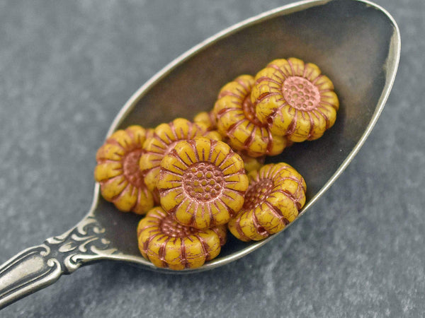 Czech Glass Beads - Picasso Beads - Flower Beads - Sunflower Beads - Coin Beads - 13mm - 12pcs (3784)