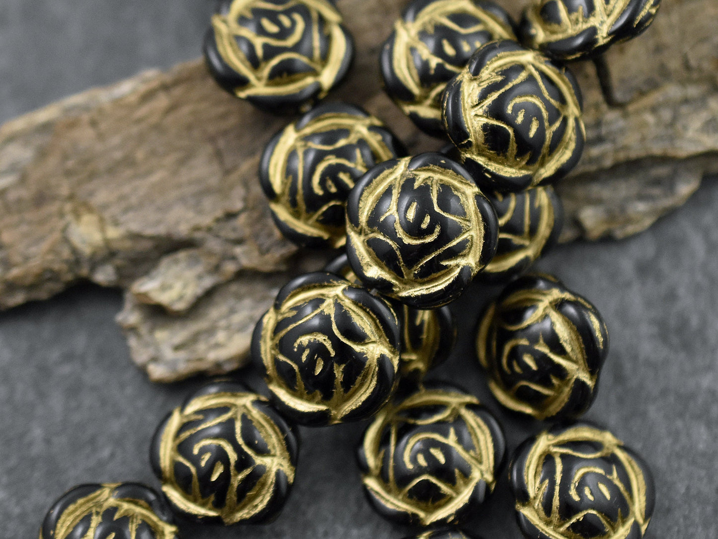 *6* 17mm Gold Washed Jet Black Rose Flower Coin Beads