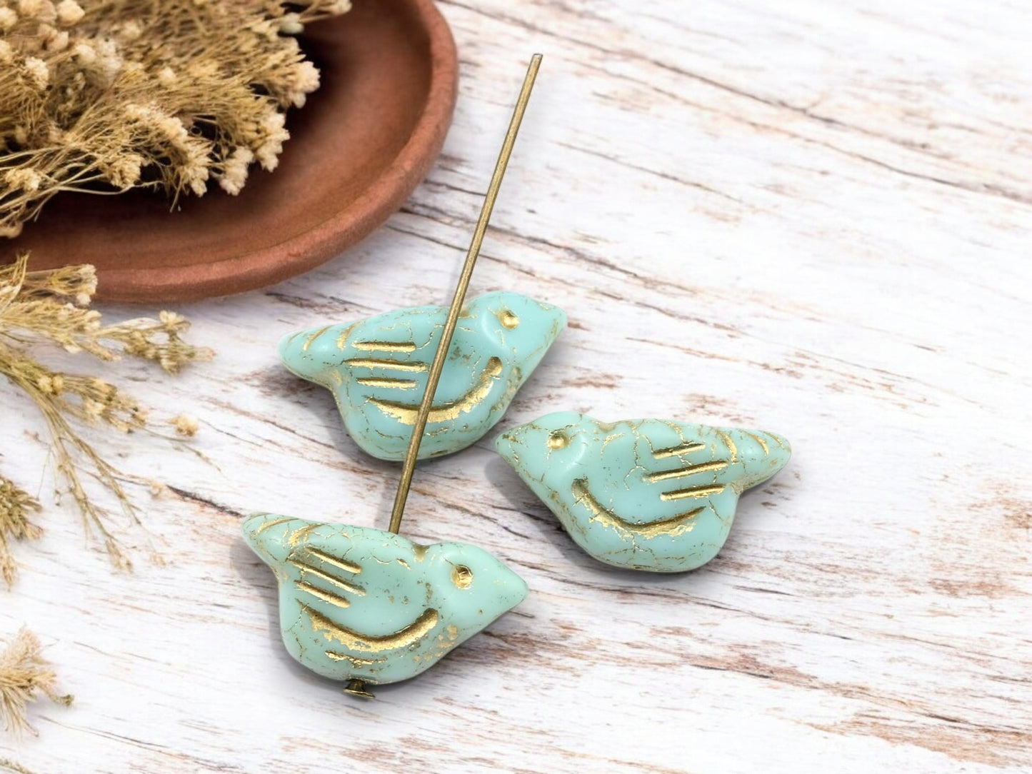 *2* 11x22mm Gold Washed Mint Green Bird Beads