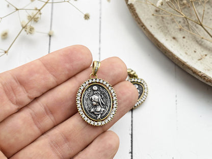 26x20mm Long Lasting Gold Plated Brass Micro Pave Cubic Zirconia Greek Coin Pendant