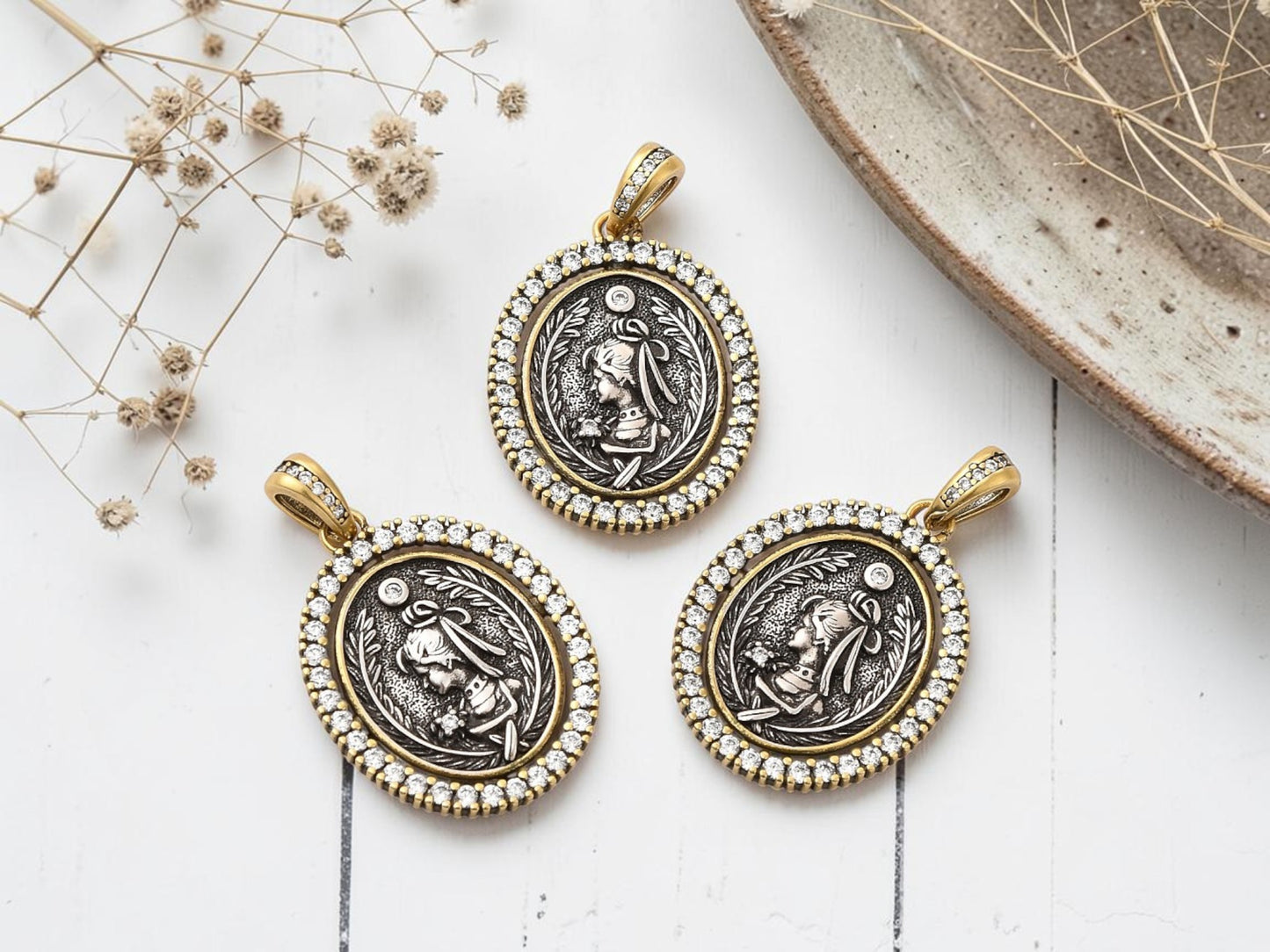 26x20mm Long Lasting Gold Plated Brass Micro Pave Cubic Zirconia Greek Coin Pendant
