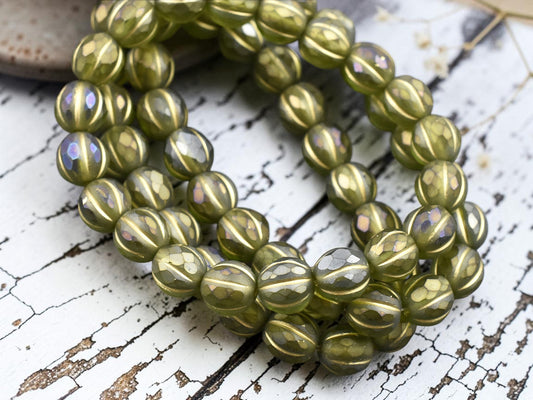 *20* 8mm Gold Washed Matte Olivine Luster Faceted Round Melon Beads