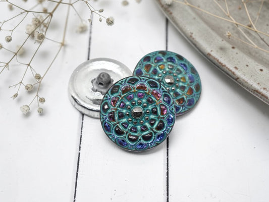 18mm Mandala Button Volcano with a Sea Green Wash and Silver Accents - Czech Glass Buttons