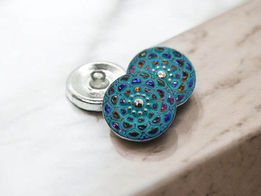 18mm Mandala Button Volcano with a Sea Green Wash and Silver Accents - Czech Glass Buttons