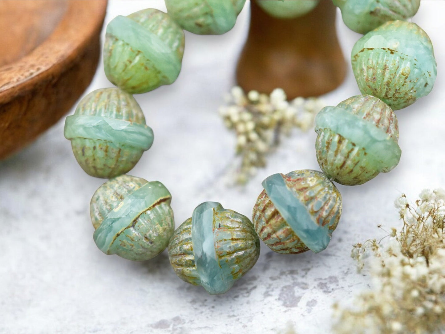 *4* 12x11mm Green Opal Picasso Center Cut Saturn Beads