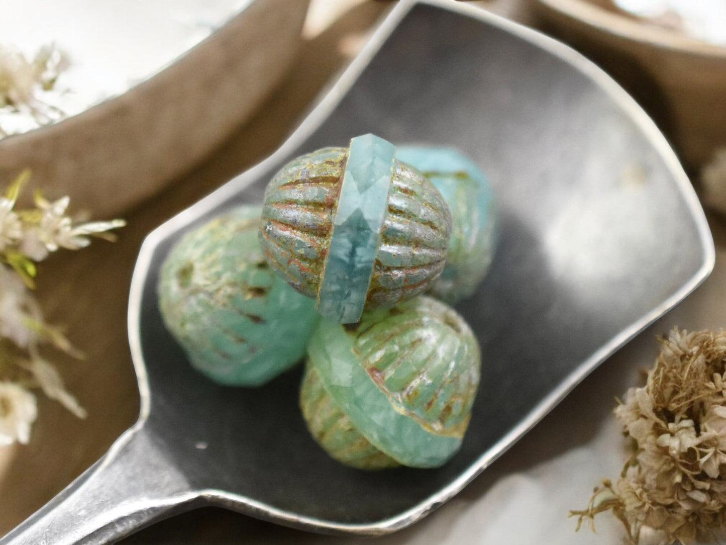 *4* 12x11mm Green Opal Picasso Center Cut Saturn Beads