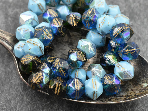 *15* 10mm Gold Washed Mixed Blue AB Antique Cut Round Beads